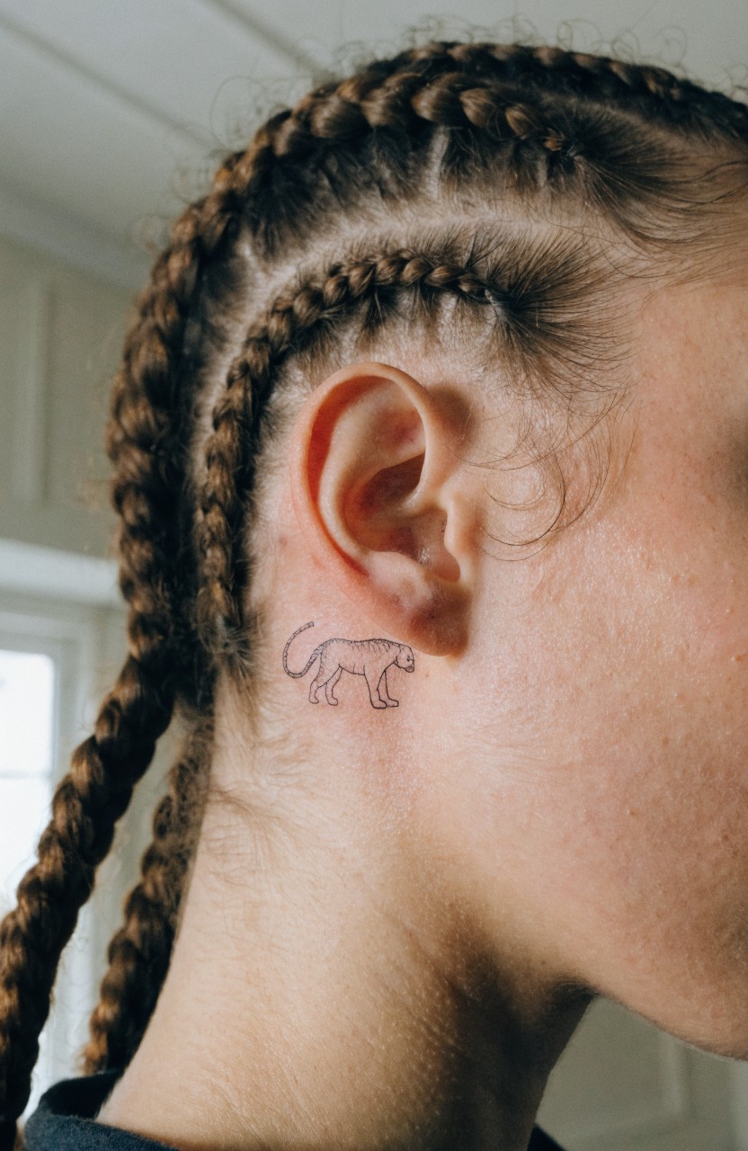 Small black line art tiger tattoo behind a woman's ear, visible against her braided hair and light skin