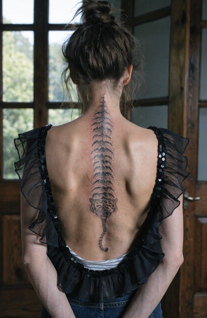 Woman standing with back to camera displaying detailed black ink tiger spine tattoo along her full back from neck to lower back