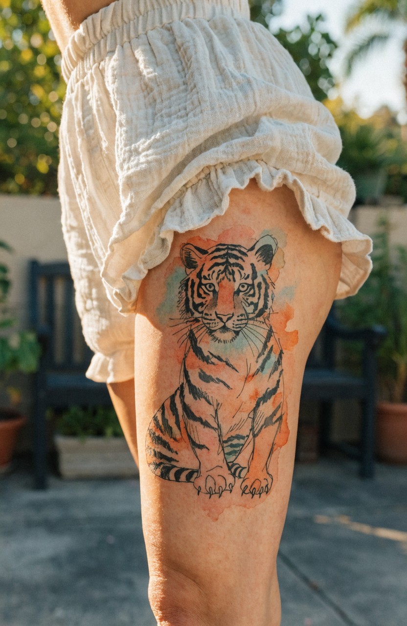 Watercolor tiger tattoo on a woman's thigh showing a cute sitting tiger in orange, pink, and black with soft blended edges and subtle splashes