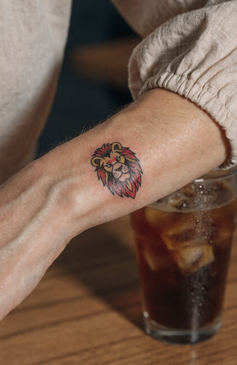 Small colorful lion head tattoo with red mane on a woman's inner forearm near a glass of iced tea