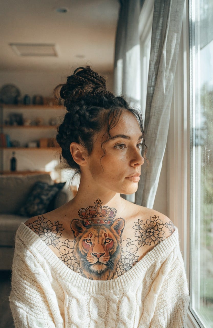 Closeup of a woman's chest tattoo featuring a detailed realistic lion head wearing a crown, surrounded by floral mandala designs, visible under an off-shoulder sweater in a sunlit room
