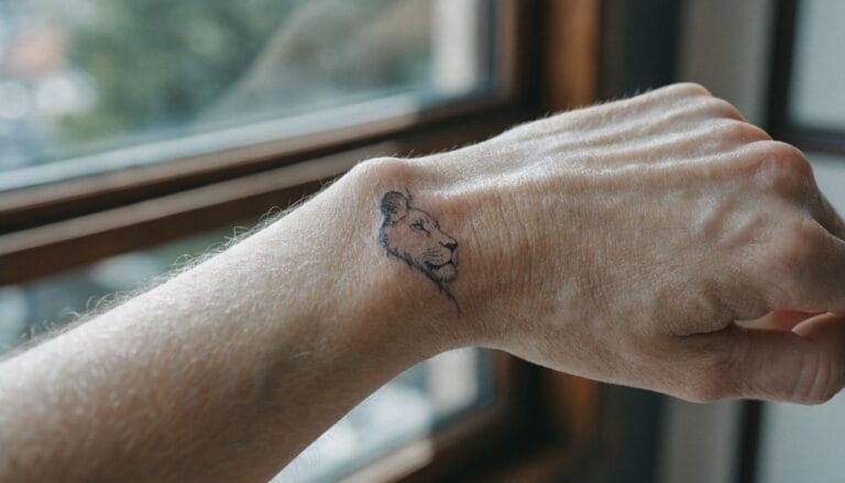 19 Gorgeous Lion Tattoo Ideas for Women That Make a Bold Statement Minimalist fine line lion head tattoo in profile on a woman's inner forearm, black ink with light shading, viewed against a window backdrop