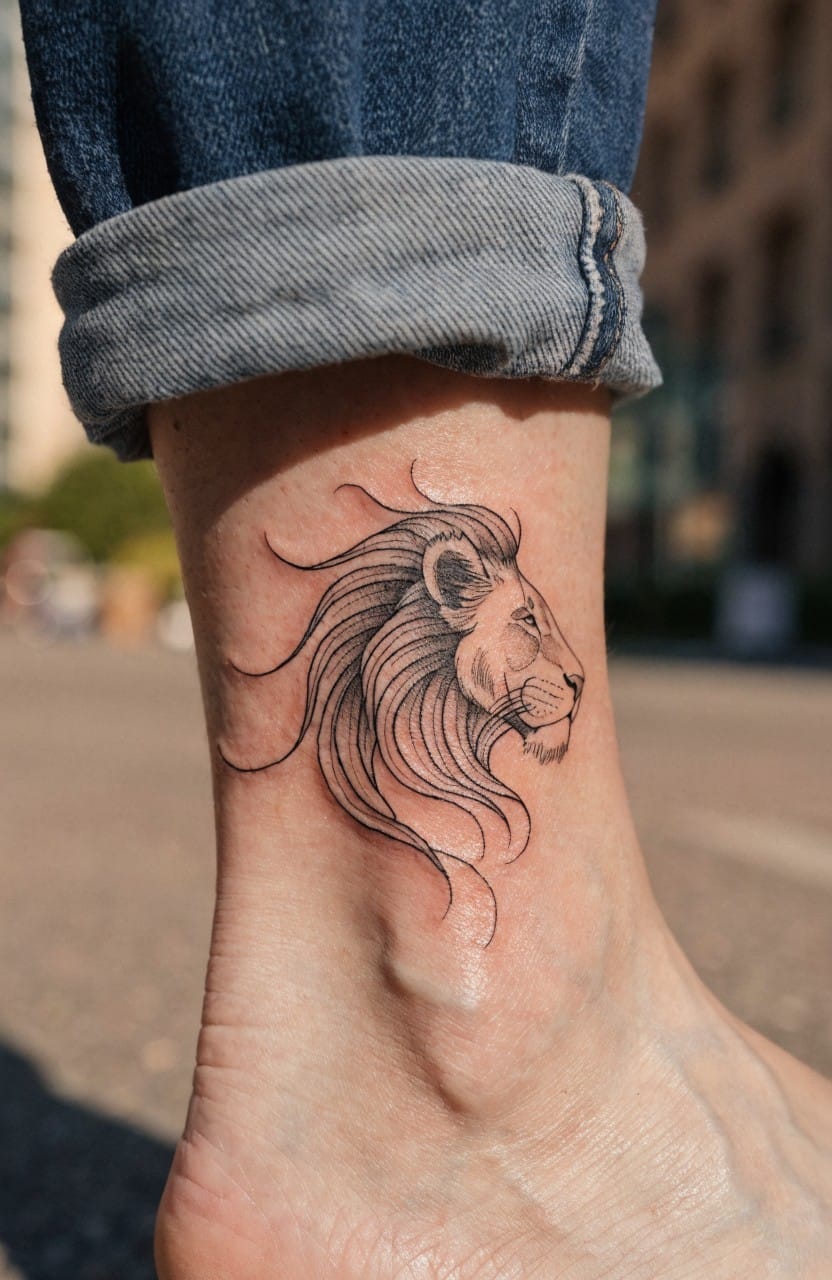 Fine line black ink lion head tattoo in profile on a woman's ankle with flowing mane