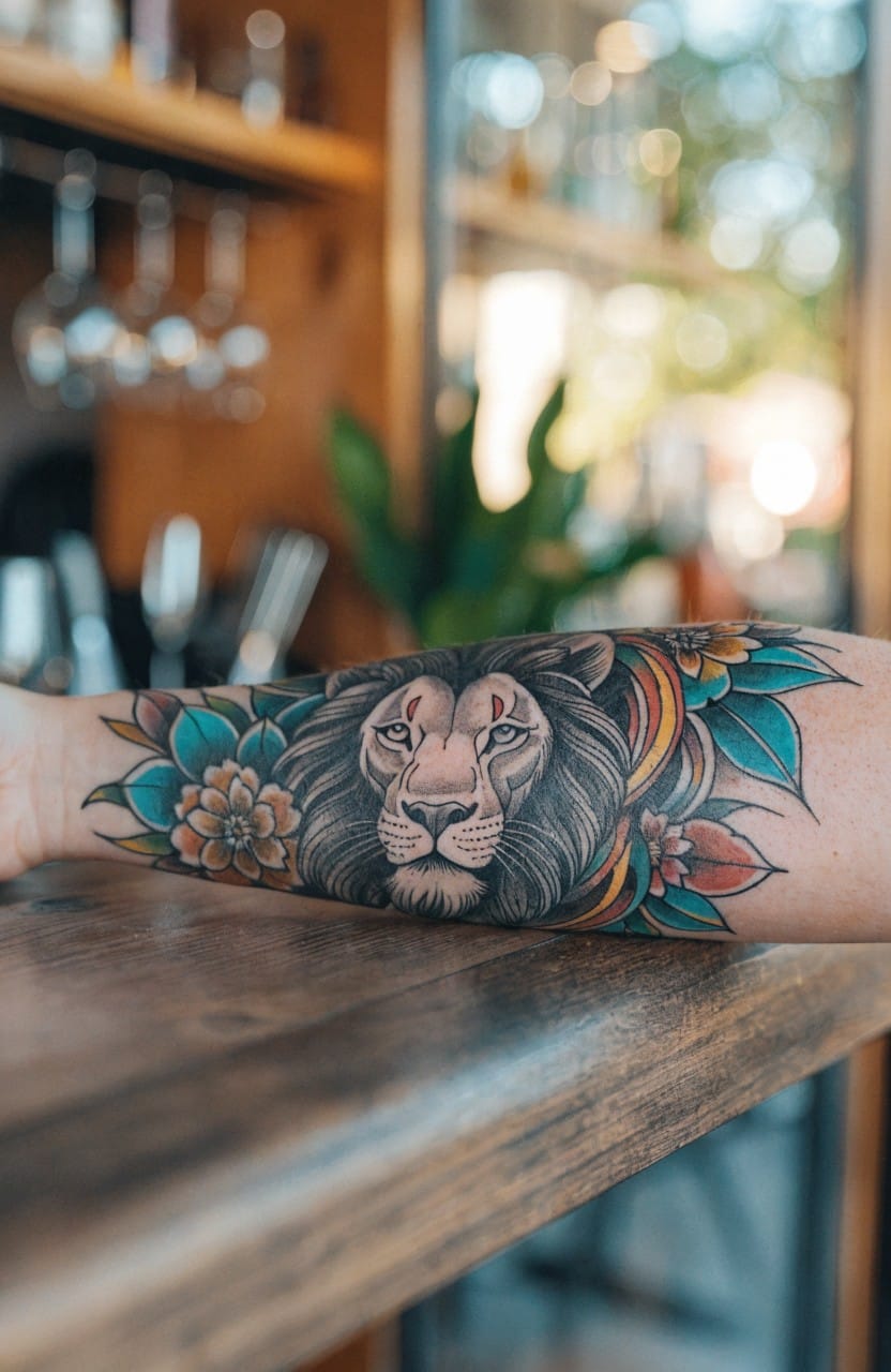 Vibrant lion head tattoo on forearm with blue teal pink and red flowers wrapping around it on tanned skin