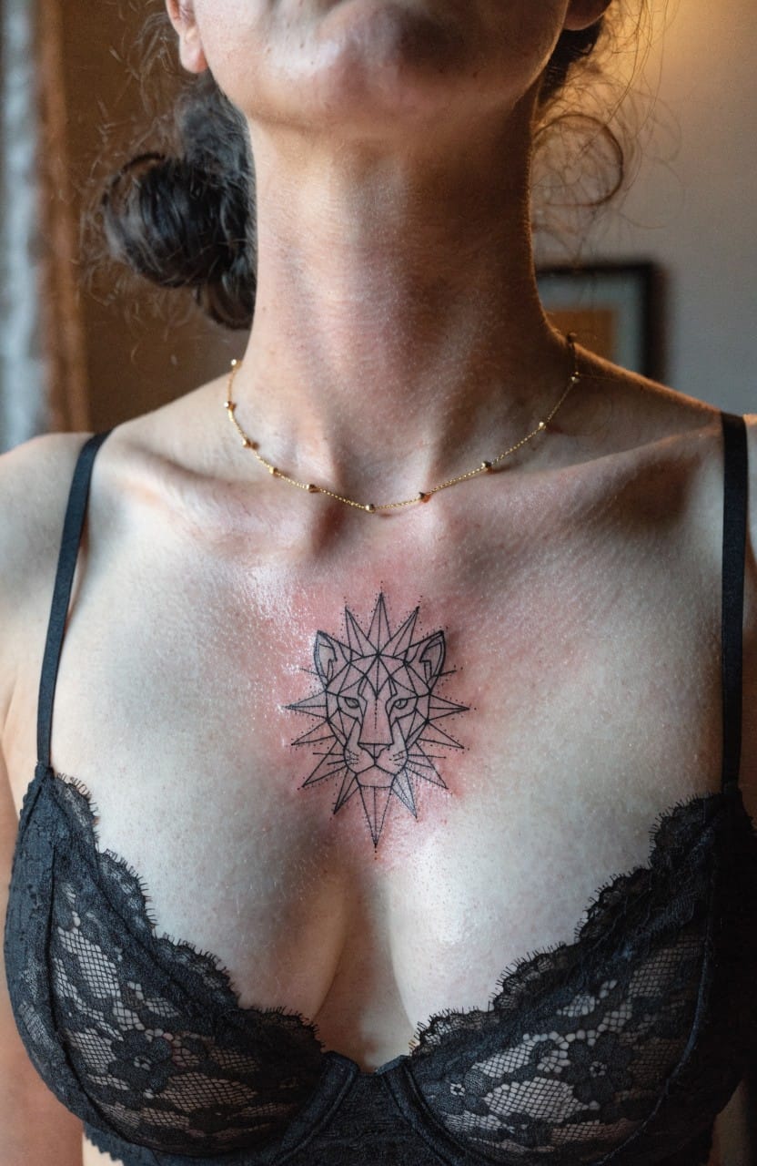 Small geometric lion head tattoo with radiating rays on a woman's chest above black lace bra