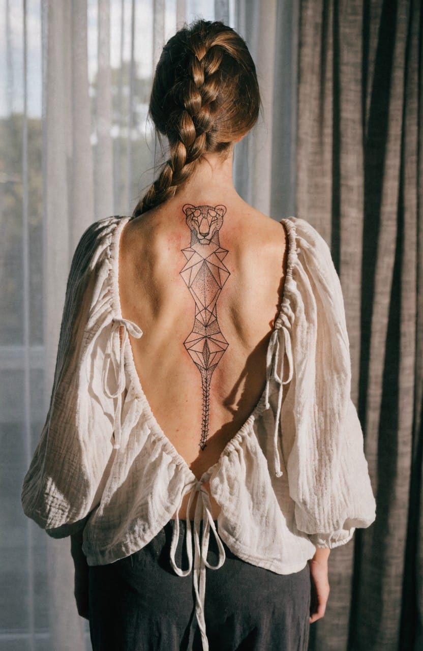 Woman's back view showing geometric linework lion tattoo from neck down the spine