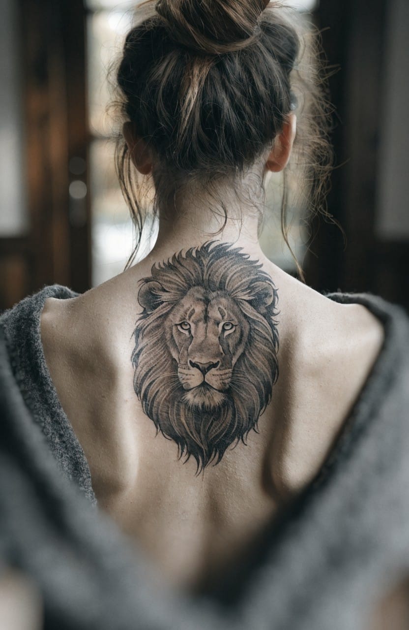 Woman viewed from behind with a large realistic black and grey lion head tattoo covering her upper back