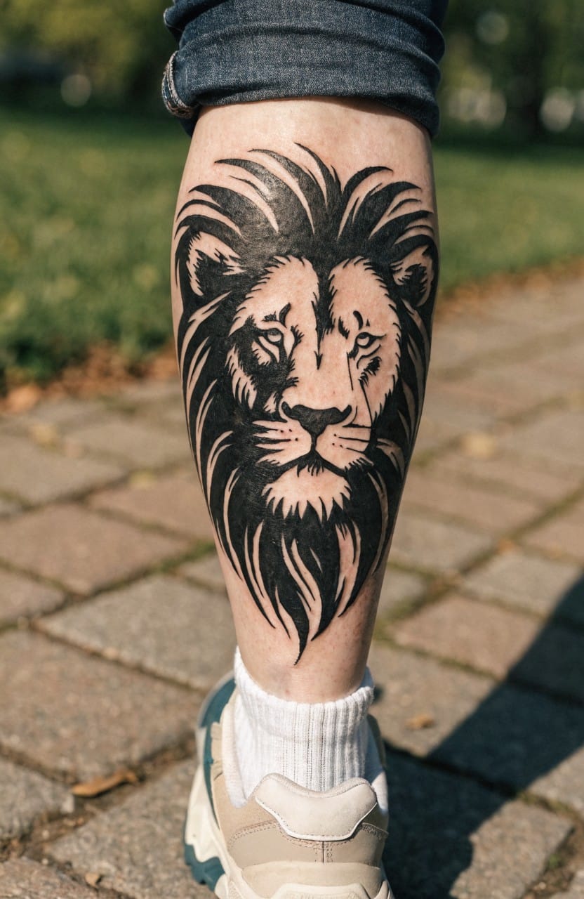 Black ink lion head tattoo on a woman's lower leg with detailed mane and shading