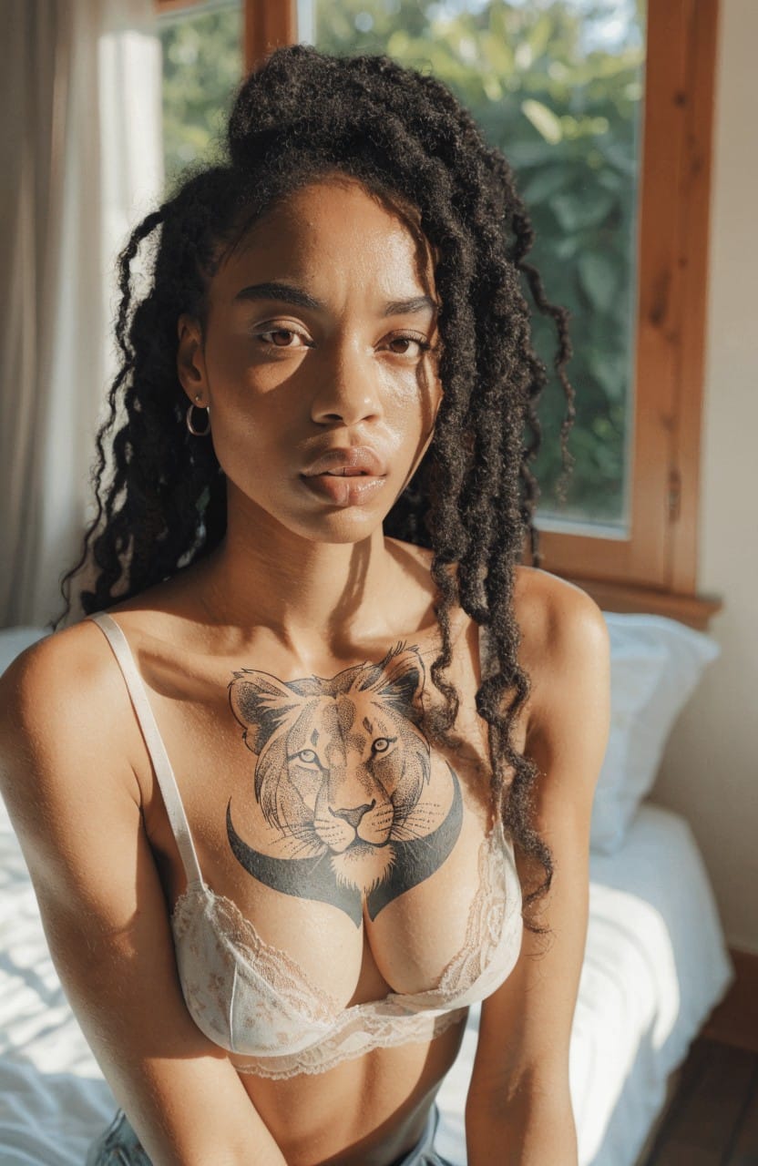 Black and grey realistic lion head tattoo spanning a woman's upper chest over lace bra