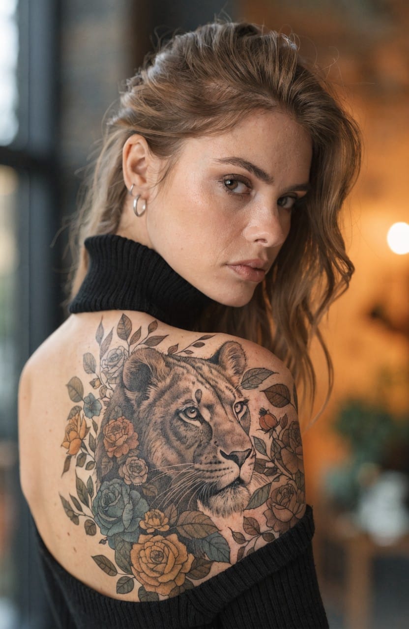 Woman's upper back and shoulder showing a large realistic lion head tattoo surrounded by colorful roses and leaves