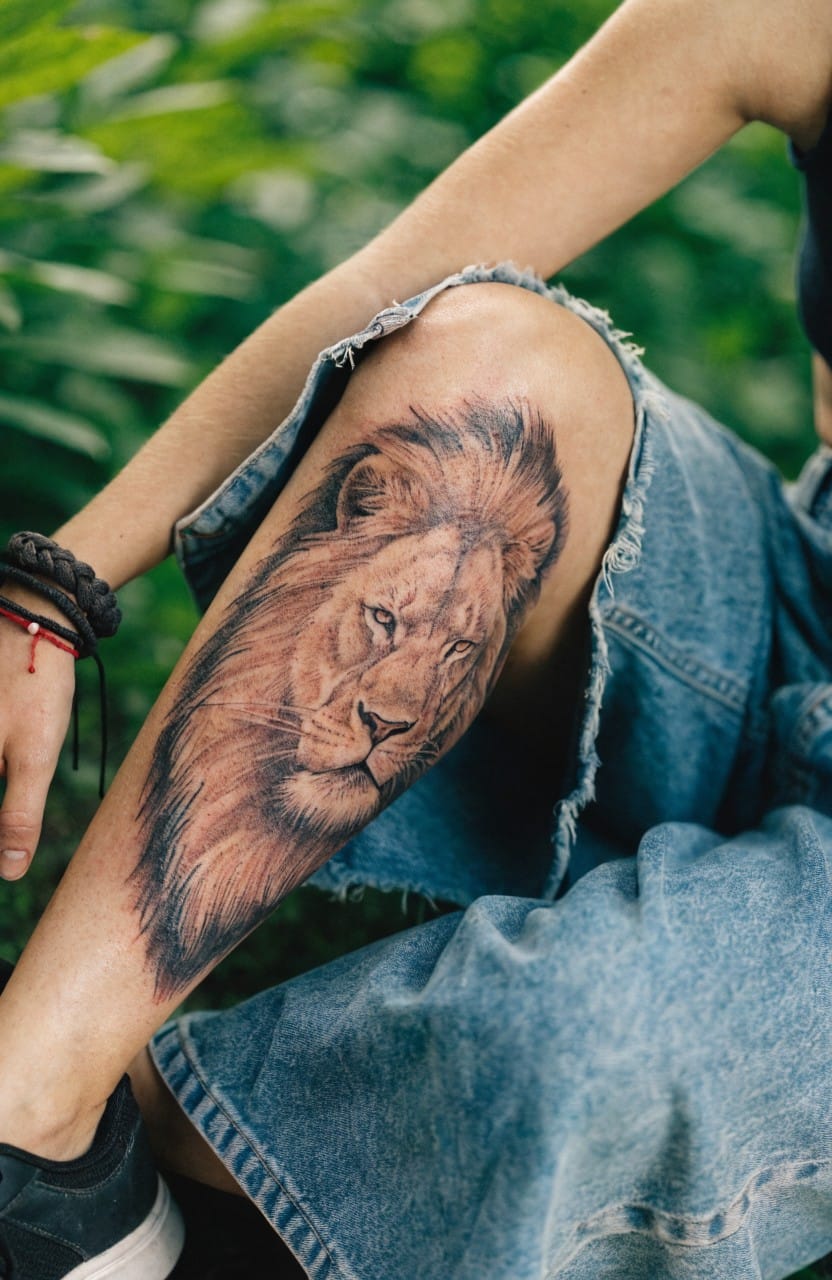 Woman's outer thigh with large photorealistic black and grey lion head tattoo emerging from ripped jeans in green outdoor setting
