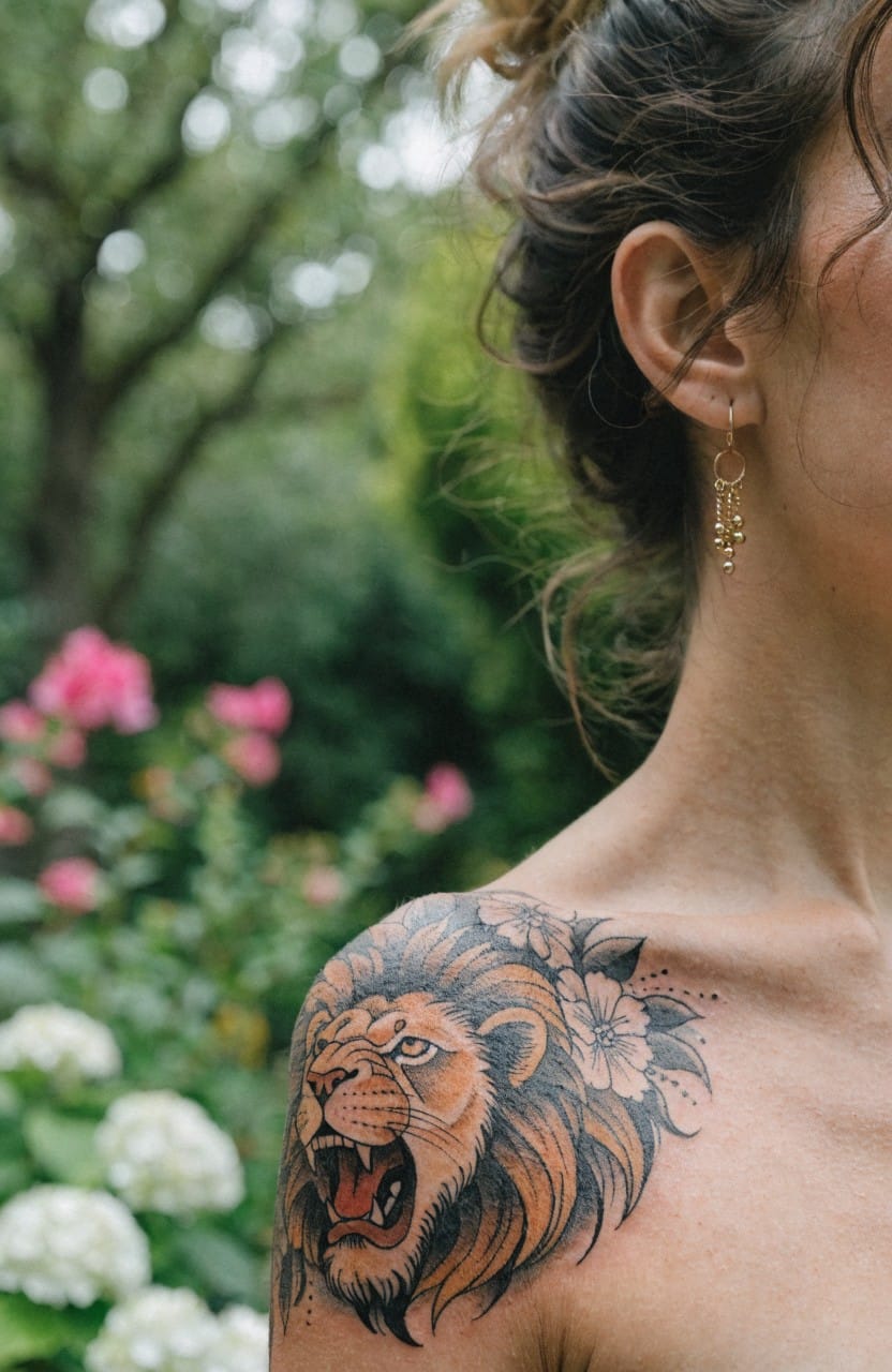 Woman's shoulder tattoo of a realistic black and grey roaring lion head with white flowers in the mane, photographed outdoors among greenery and pink flowers
