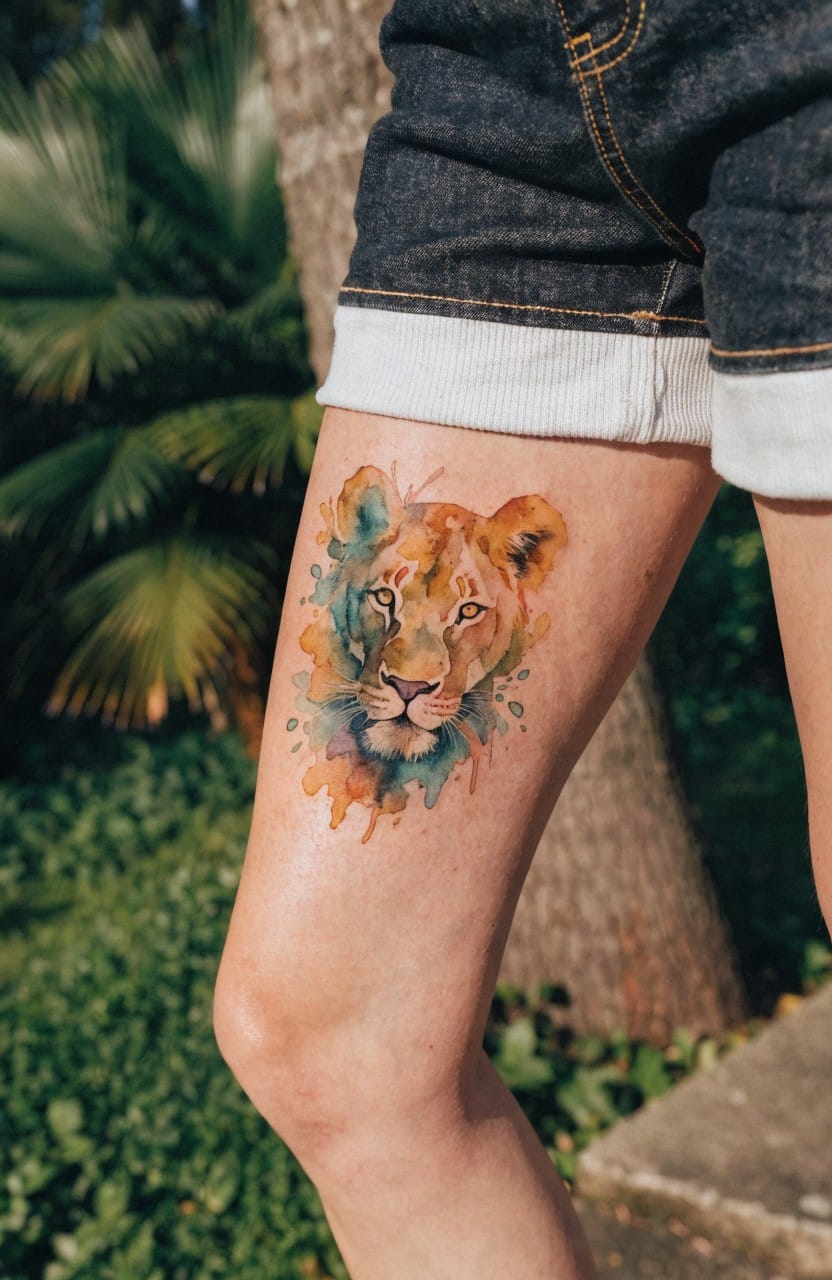 Vibrant watercolor lion head tattoo on upper thigh with orange face and teal blue splatters