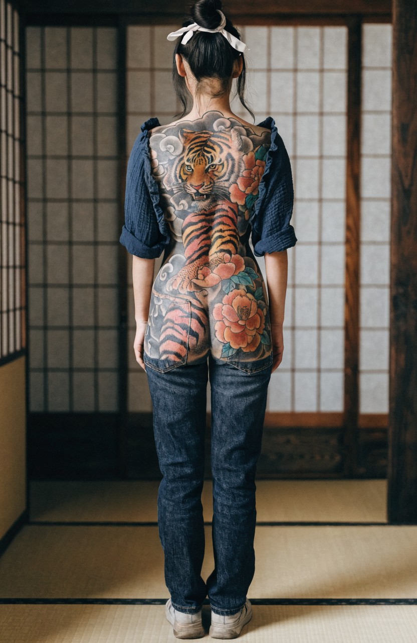 Woman standing from behind in Japanese room, showing large traditional tiger and peony tattoo across her full back, with shirt rolled up and jeans on