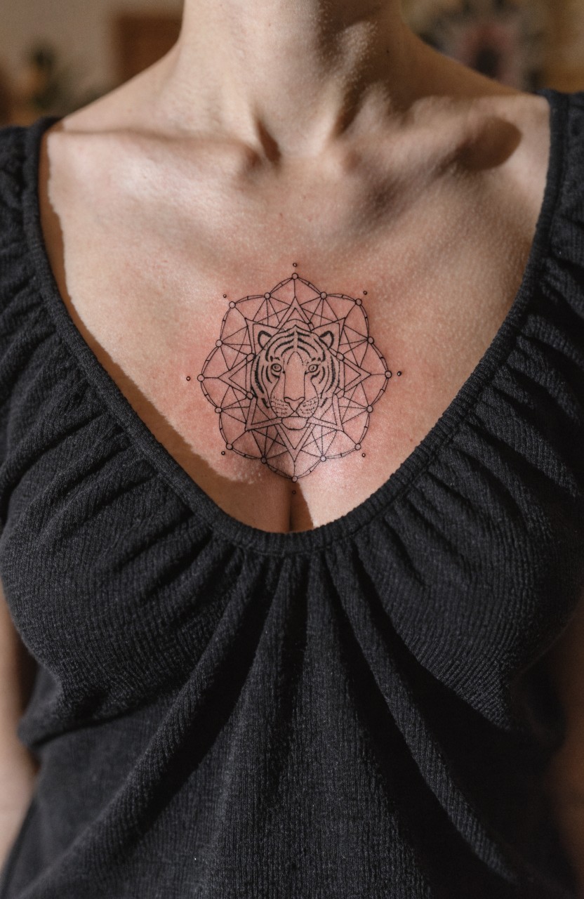 Black linework mandala tattoo with tiger face centered on a woman's upper chest