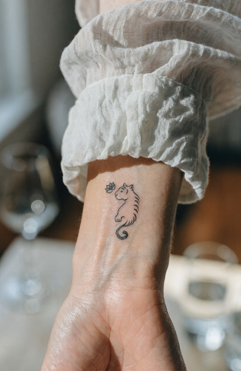 Minimalist black line tattoo of a curled tiger with stripes and a small flower outline on inner wrist