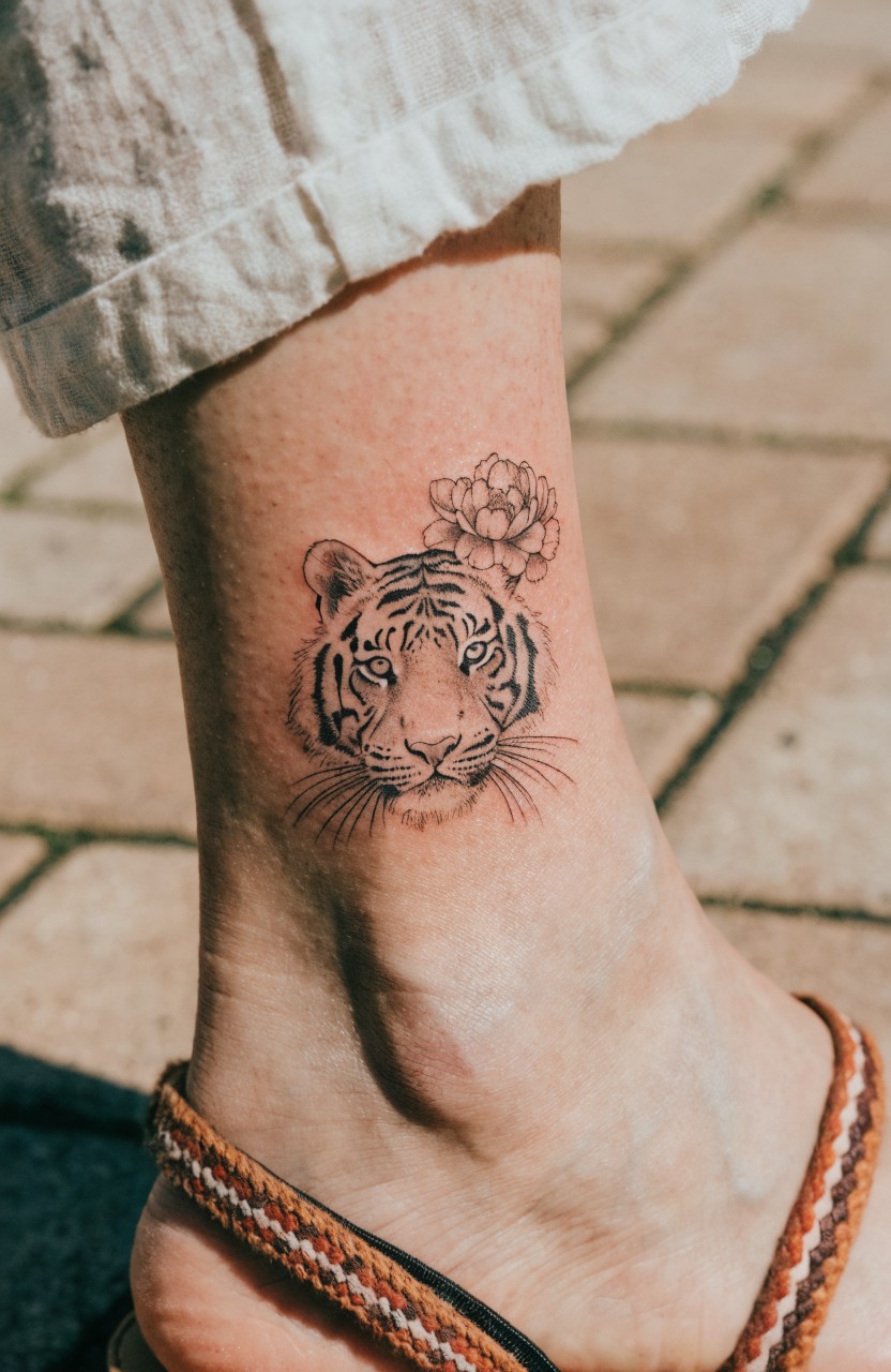 Fine line black ink tattoo of tiger face and peony flower on side of ankle over tiled ground