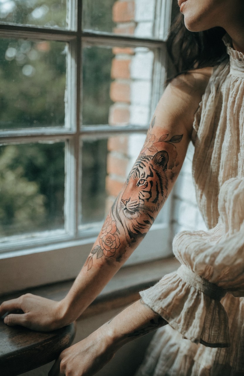 Woman's outer forearm tattooed with a detailed orange tiger face emerging from red roses, arm extended toward a window with greenery outside
