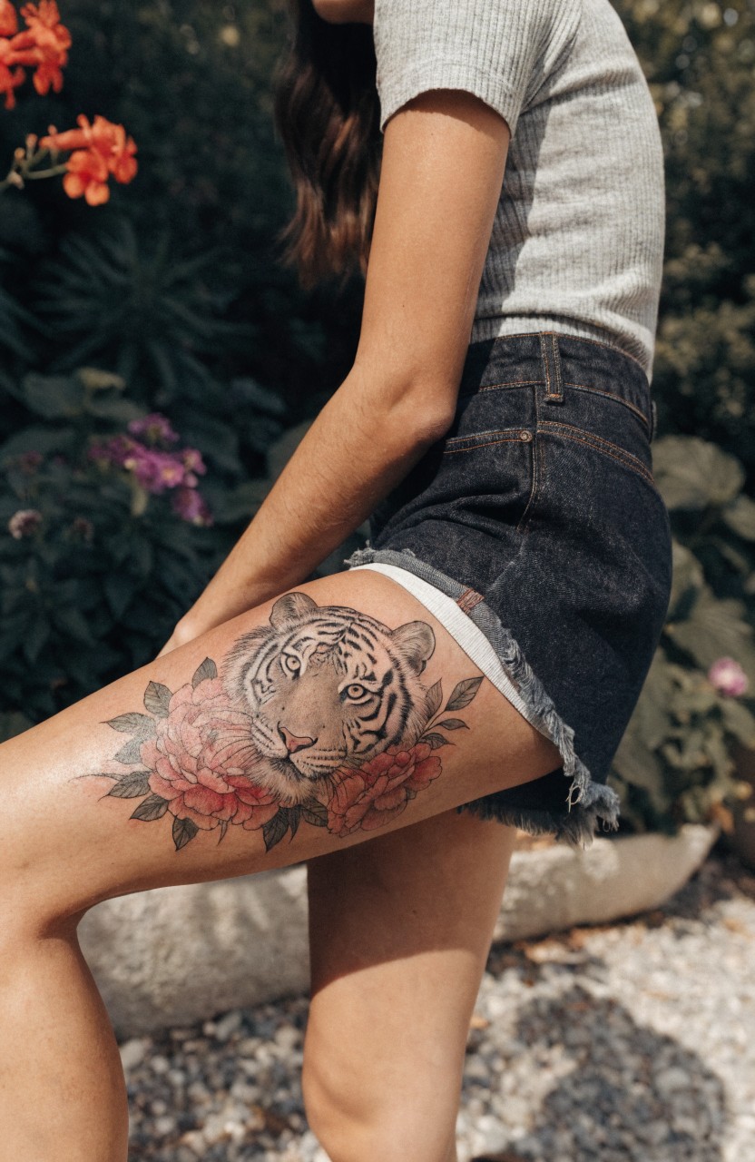 Woman's upper thigh tattooed with detailed realistic tiger head surrounded by vibrant red peonies, shown outdoors with plants in background