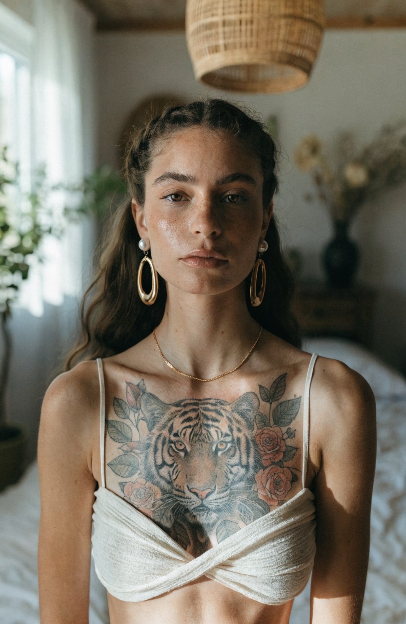 Black ink chest tattoo of a realistic tiger head framed by large roses on a woman's skin