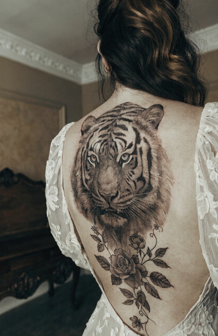 Woman in backless white dress displaying large realistic tiger head tattoo on upper back with trailing roses and vines in black and gray ink