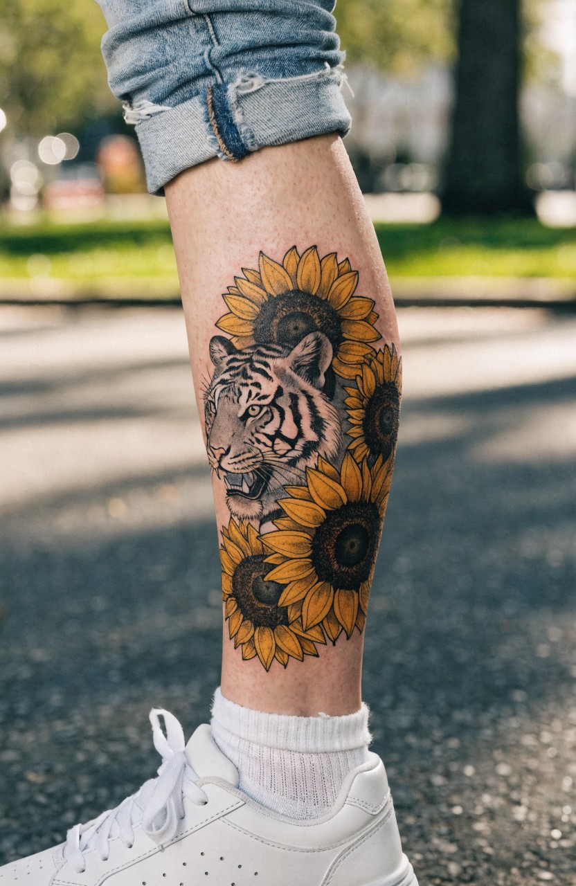 Realistic black and grey tiger head tattoo wrapped in sunflowers on a lower leg, viewed from the side with rolled-up jeans and white sneakers