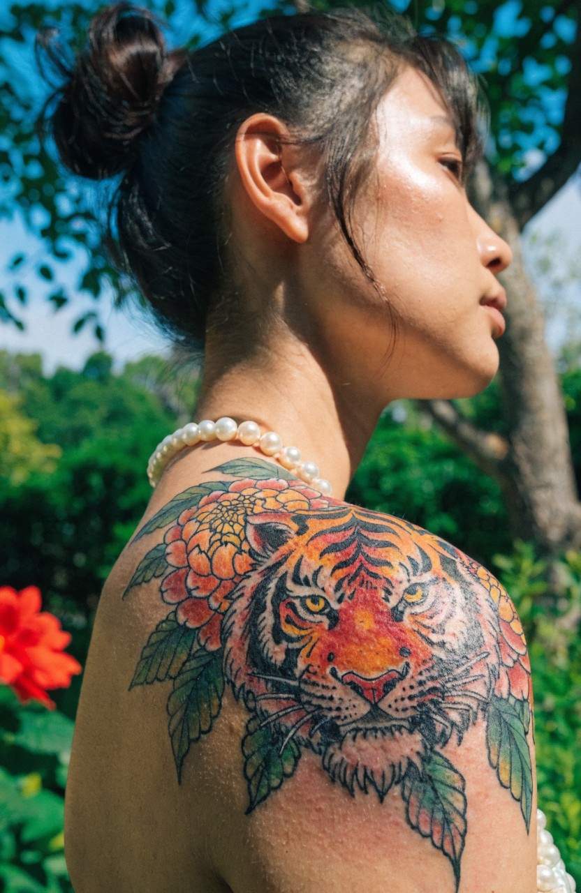 Woman's shoulder tattoo of a snarling tiger face surrounded by colorful chrysanthemum flowers and leaves in Japanese style
