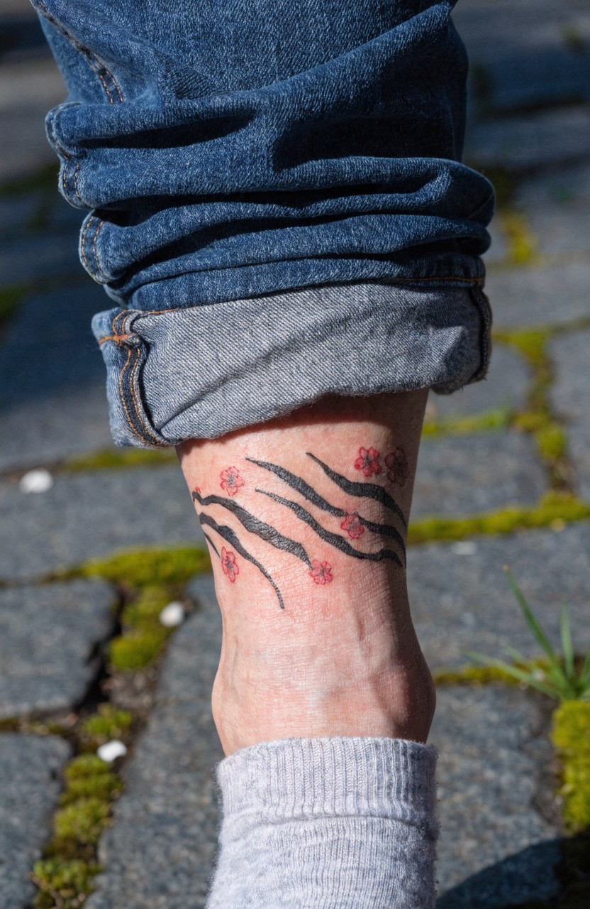 Ankle tattoo of black tiger stripes with red cherry blossoms on thin branches wrapping around a woman's lower leg on a stone path