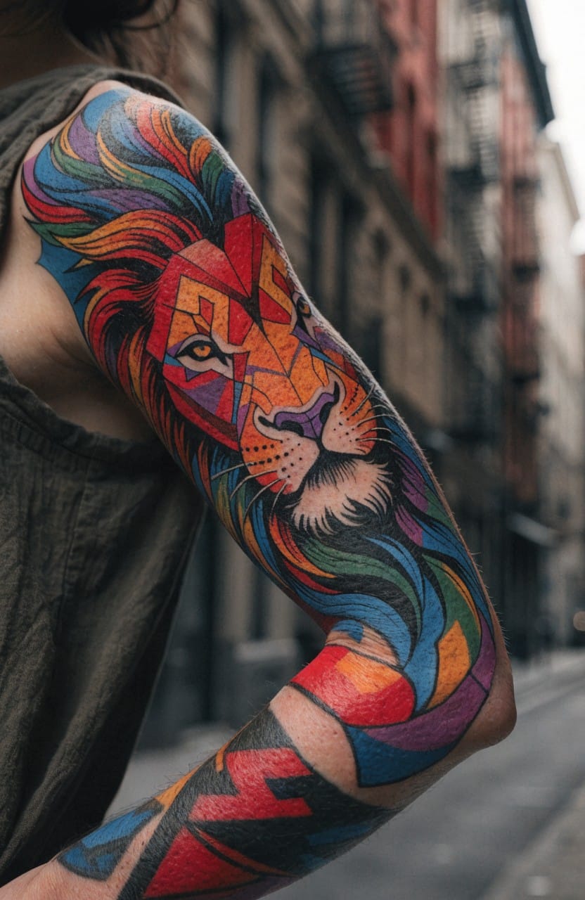 Woman's upper arm sleeve tattoo of a geometric lion head with rainbow angular mane in vibrant colors