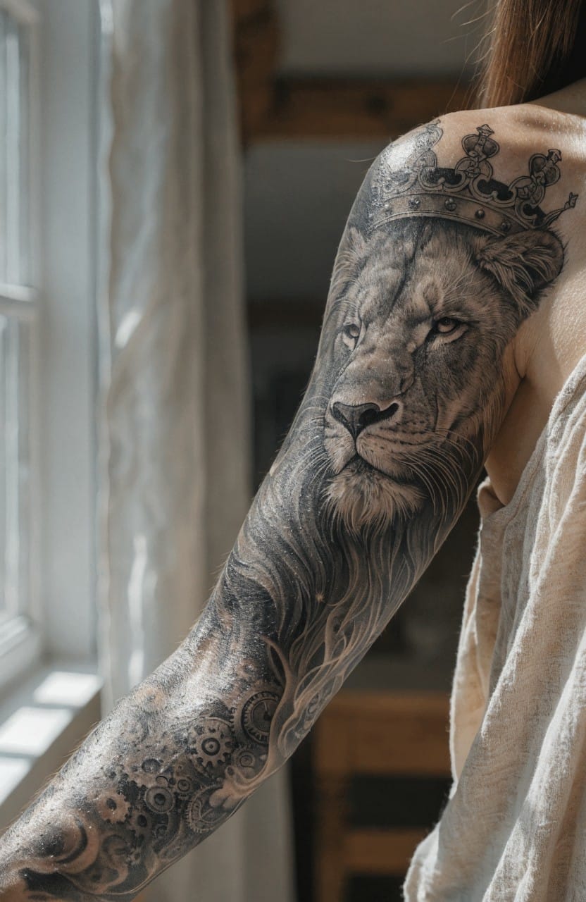 crowned lion sleeve with gear details