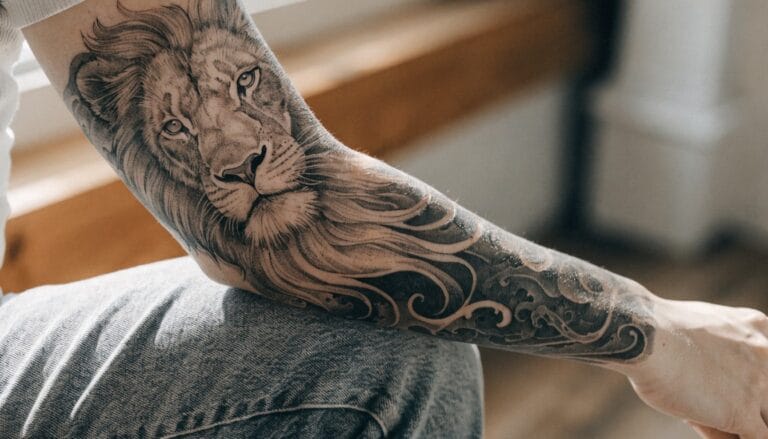 20 Bold Lion Sleeve Tattoo Designs for Women That Turn Heads Woman's forearm tattoo of a detailed black and gray lion head with flowing mane turning into intricate ornamental designs, arm extended by a window