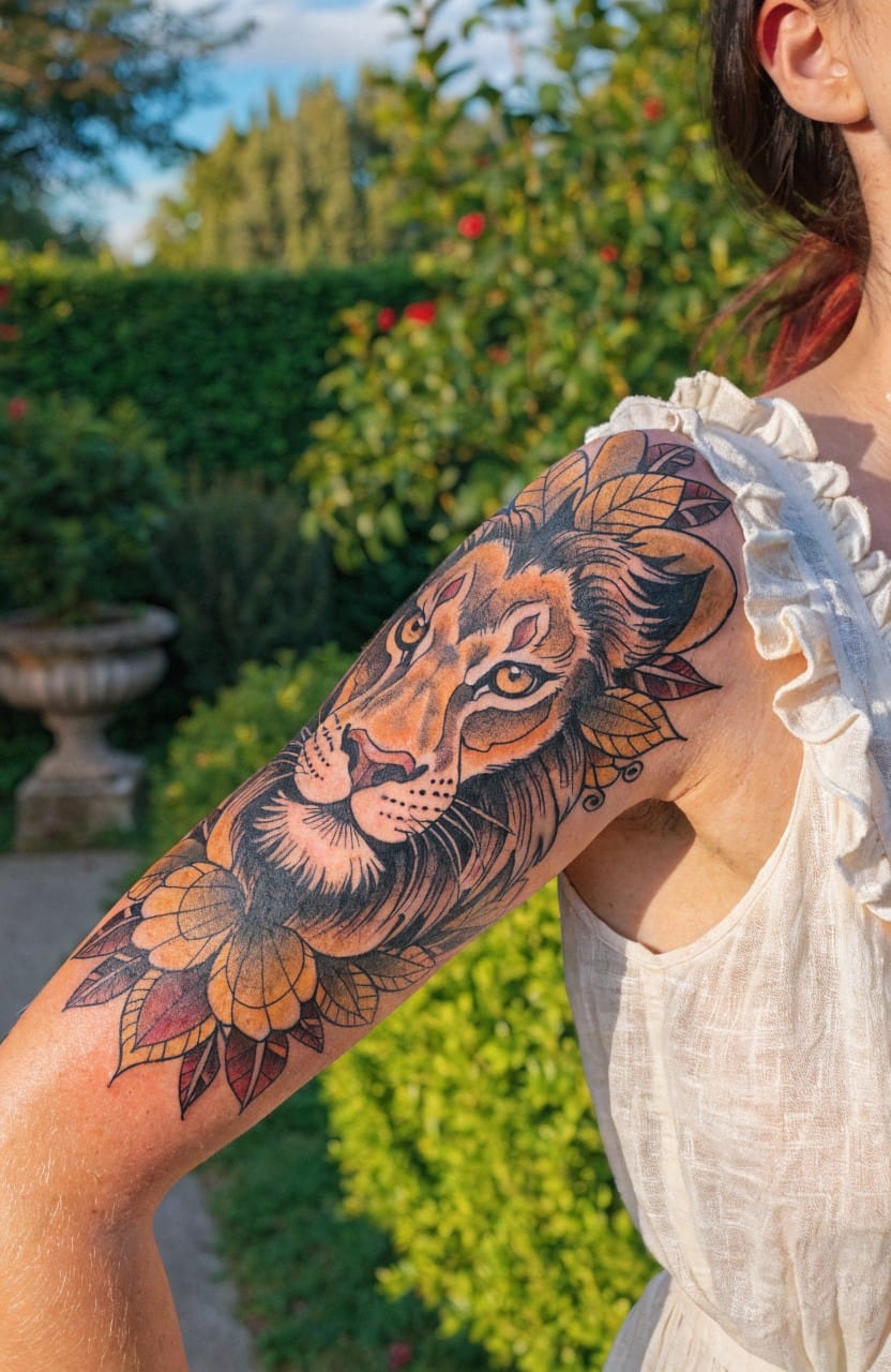 Woman's upper arm showing a large colorful lion head tattoo with yellow orange and red floral elements framing the face against a garden background