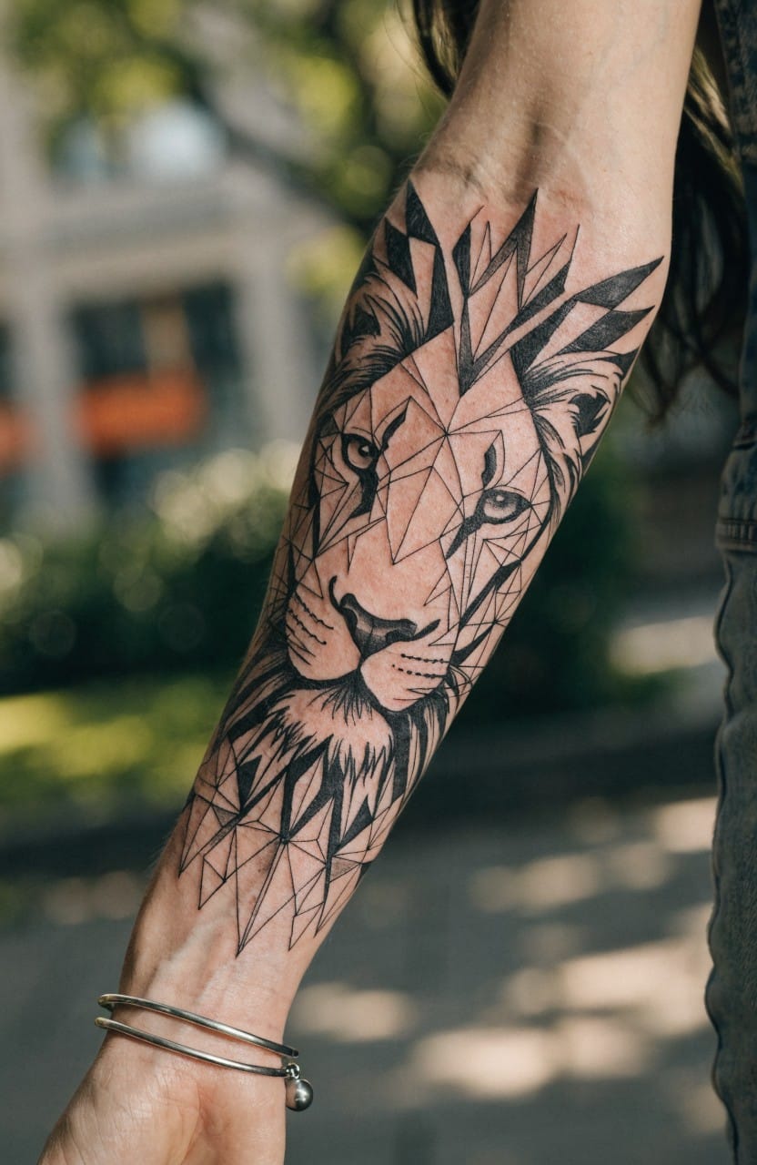 Black ink geometric lion head tattoo on a woman's forearm with faceted triangular patterns forming the face and mane