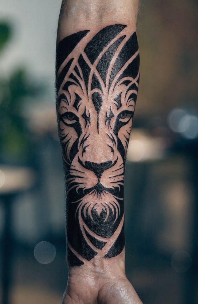 Black geometric lion head tattoo with tribal patterns on a forearm sleeve