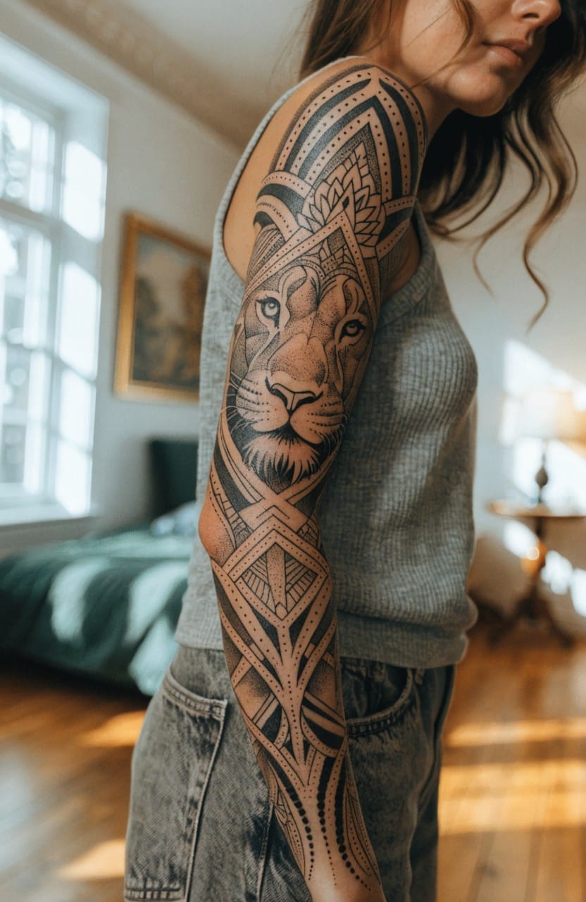 Woman modeling a detailed black ink geometric lion sleeve tattoo covering her upper arm, blending lion head with mandala patterns, in a sunlit bedroom