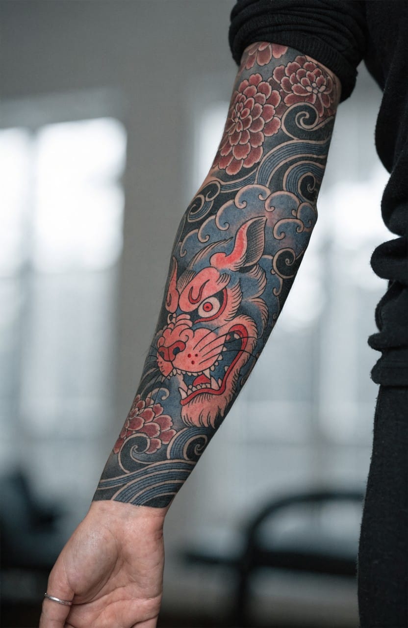 Woman's left arm showing full sleeve Japanese tattoo with snarling blue fox head, red peonies, swirling waves and clouds