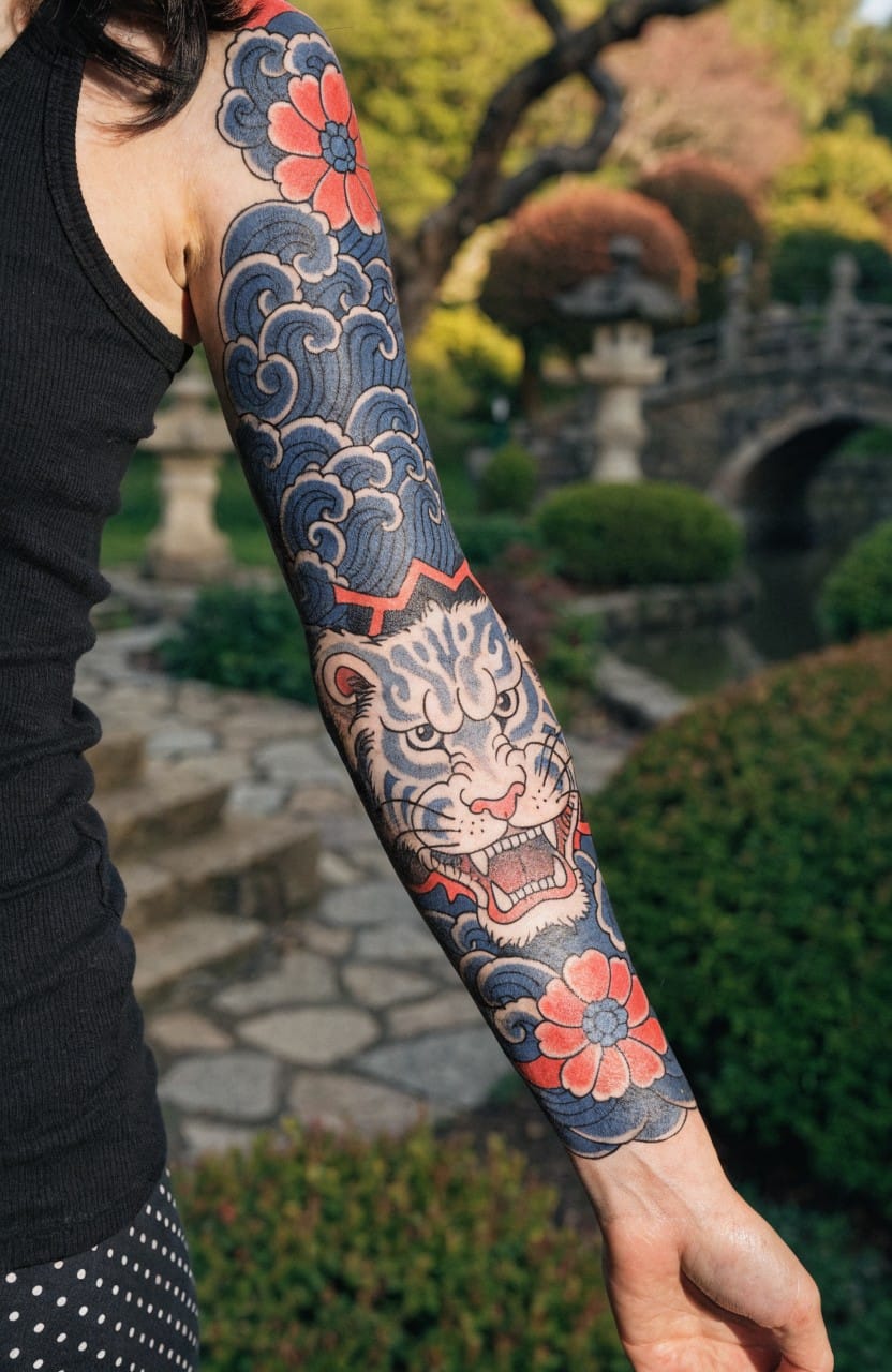 Woman's full left arm sleeve tattoo of snarling white tiger head amid swirling blue Japanese waves and red flowers