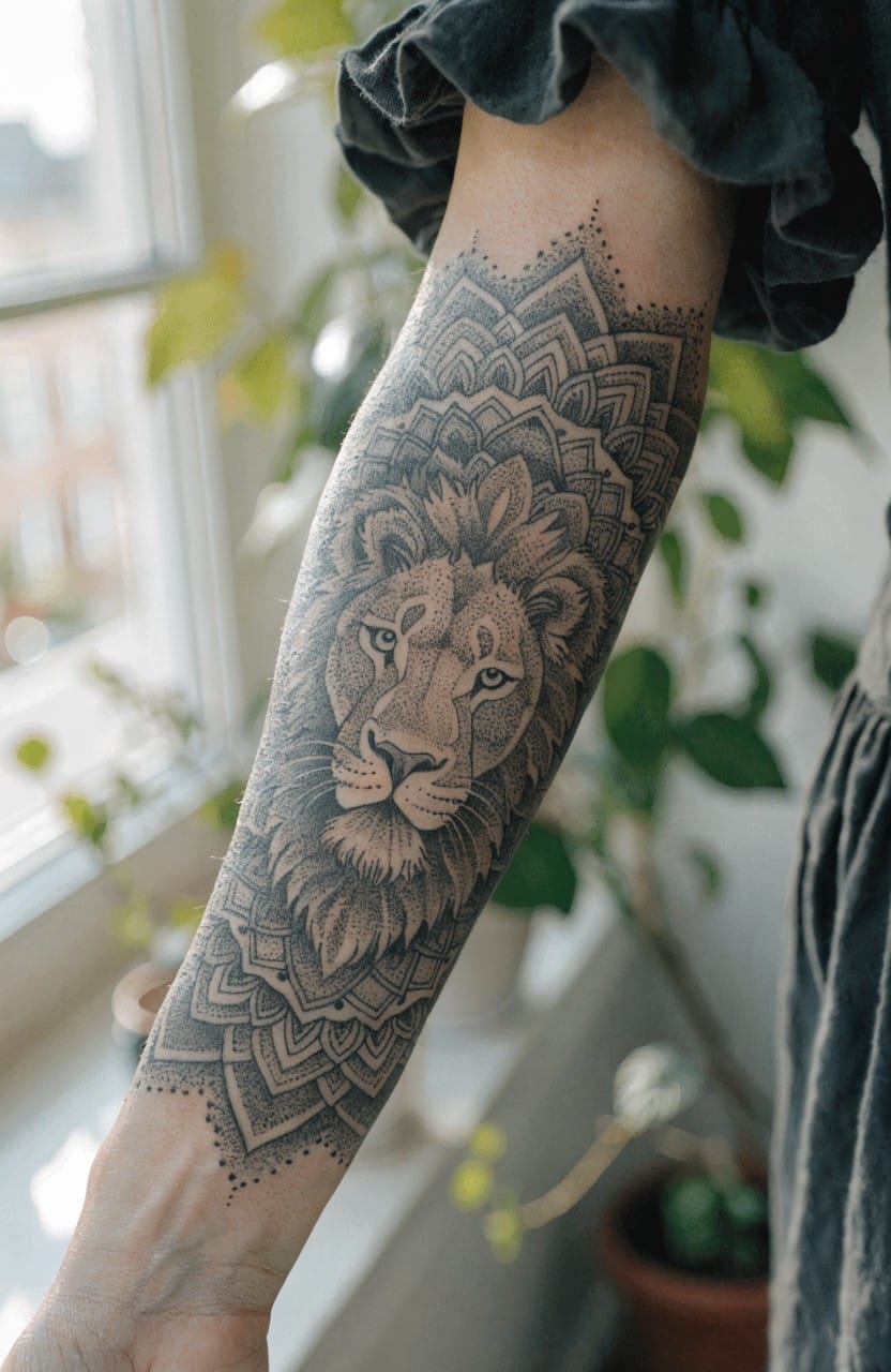 Black and grey lion head tattoo framed by intricate mandala patterns on a woman's forearm sleeve
