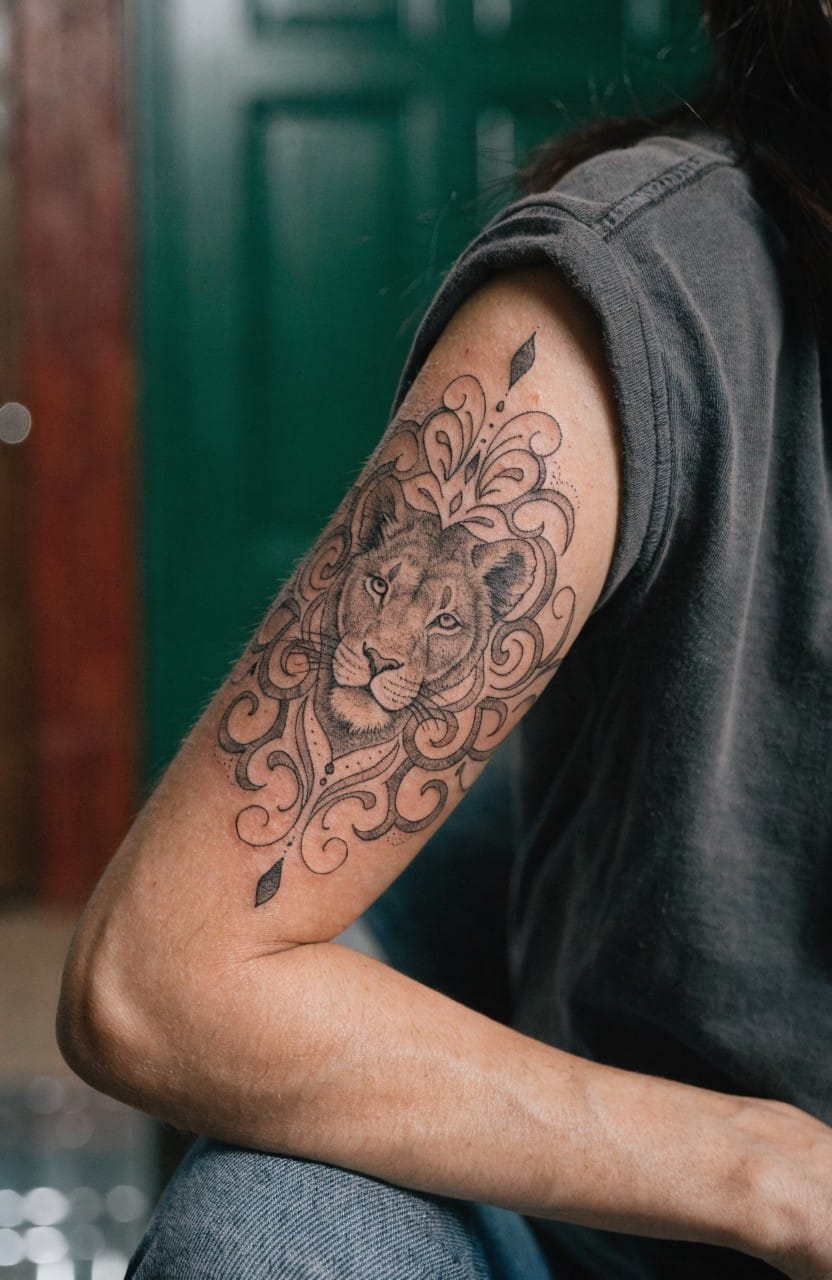 Woman's upper arm with black ink tattoo of lioness head framed by intricate swirling mandala and floral patterns