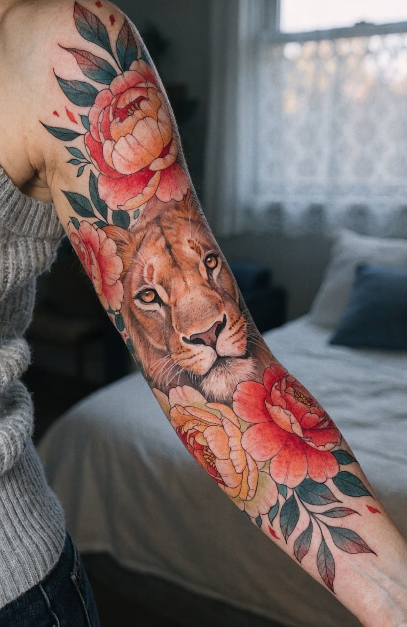 Vibrant upper arm sleeve tattoo of a realistic lion head surrounded by large peony flowers in red, pink, orange, and green leaves