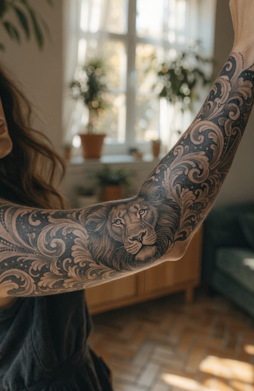 Full sleeve tattoo on woman's arm showing realistic lion head with intricate black scrollwork and shading