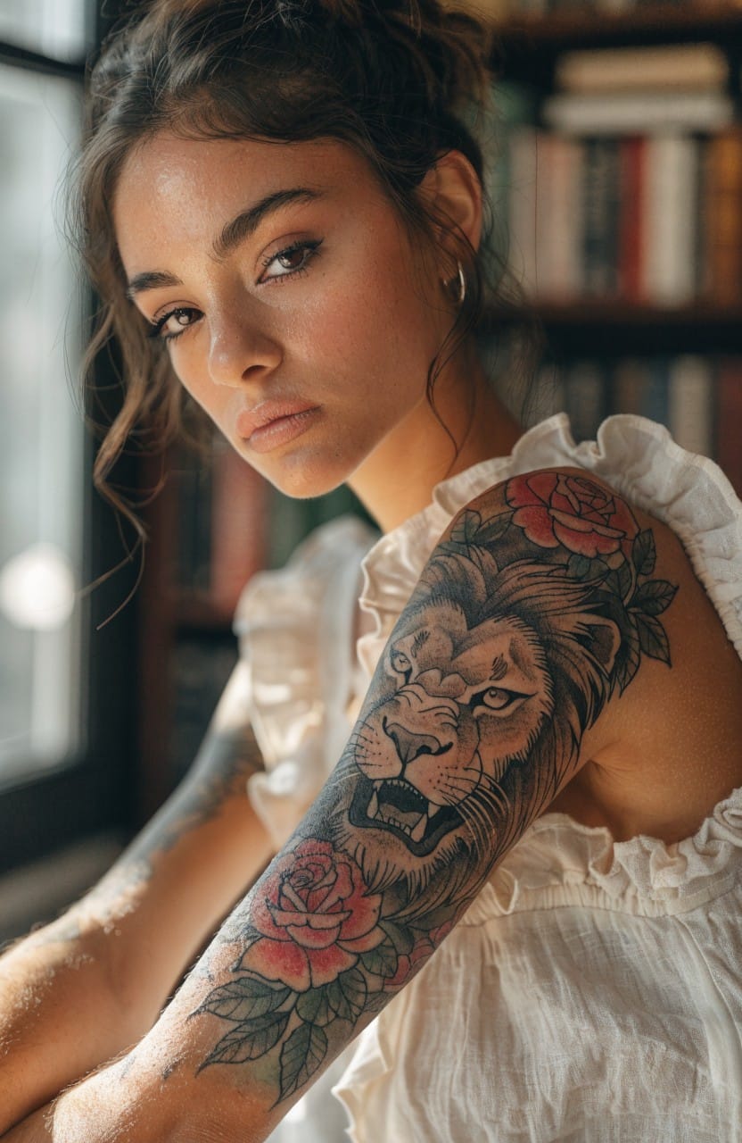 Woman's upper arm tattoo of snarling realistic lion head surrounded by red roses in black and gray realism style