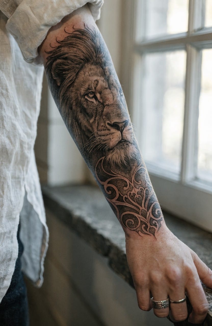 Woman's forearm tattoo of a detailed black and gray lion head with flowing mane turning into intricate ornamental designs, arm extended by a window