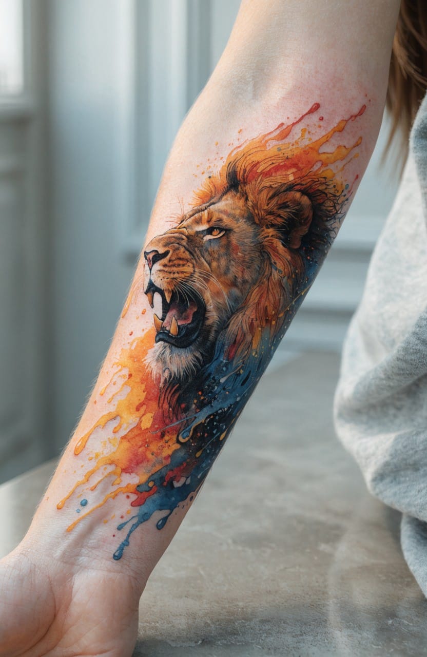 Woman's forearm tattoo of a roaring lion head in realistic style with orange fiery mane blending into blue and colorful watercolor splashes