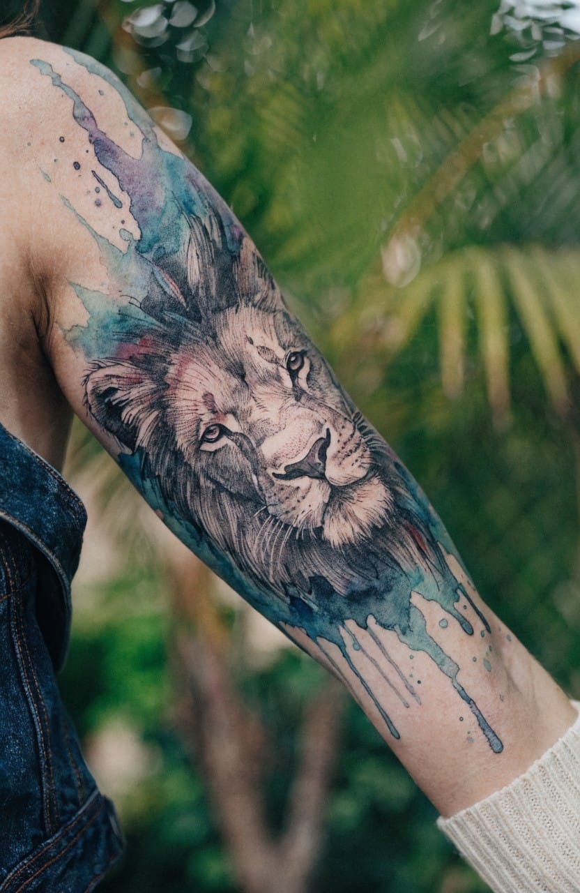 Woman's upper arm with large watercolor lion head tattoo featuring blue splatters, black shading on face and mane, green palm fronds in background