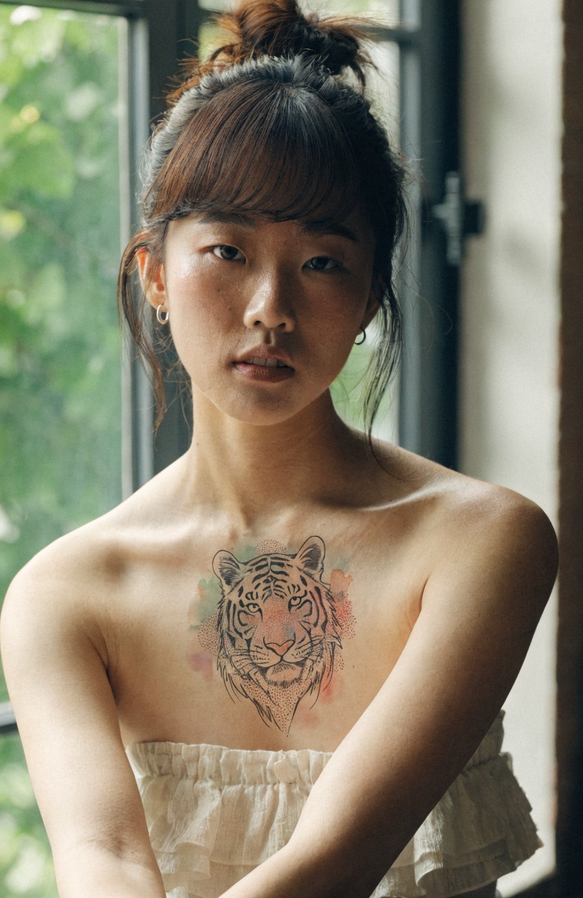 Woman's upper chest tattoo of a tiger head in black linework with watercolor pink blue and green splashes across the face and shoulders