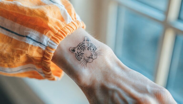 Fine line black ink tiger face tattoo on inner wrist, shown on a hand with subtle shading and natural window light