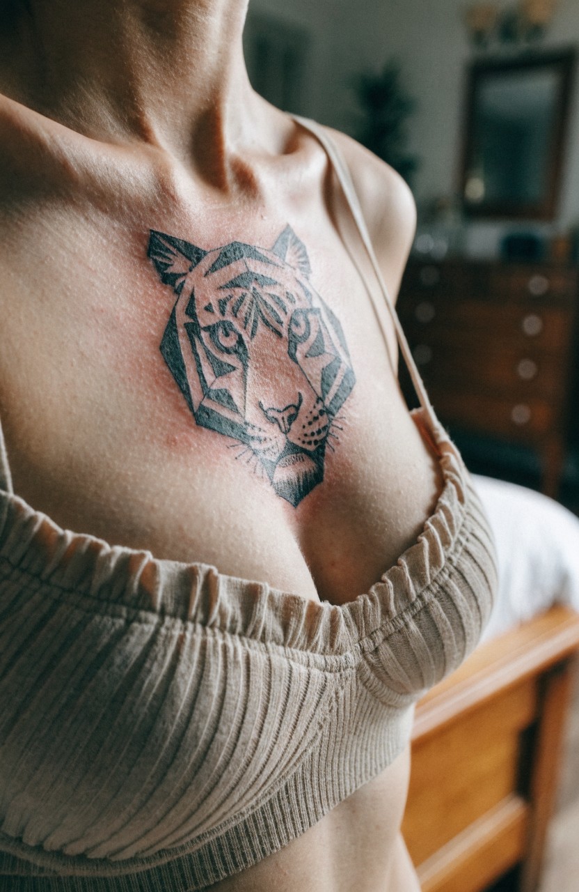 Black geometric tiger head tattoo centered on a woman's upper chest above a beige ruffled bra