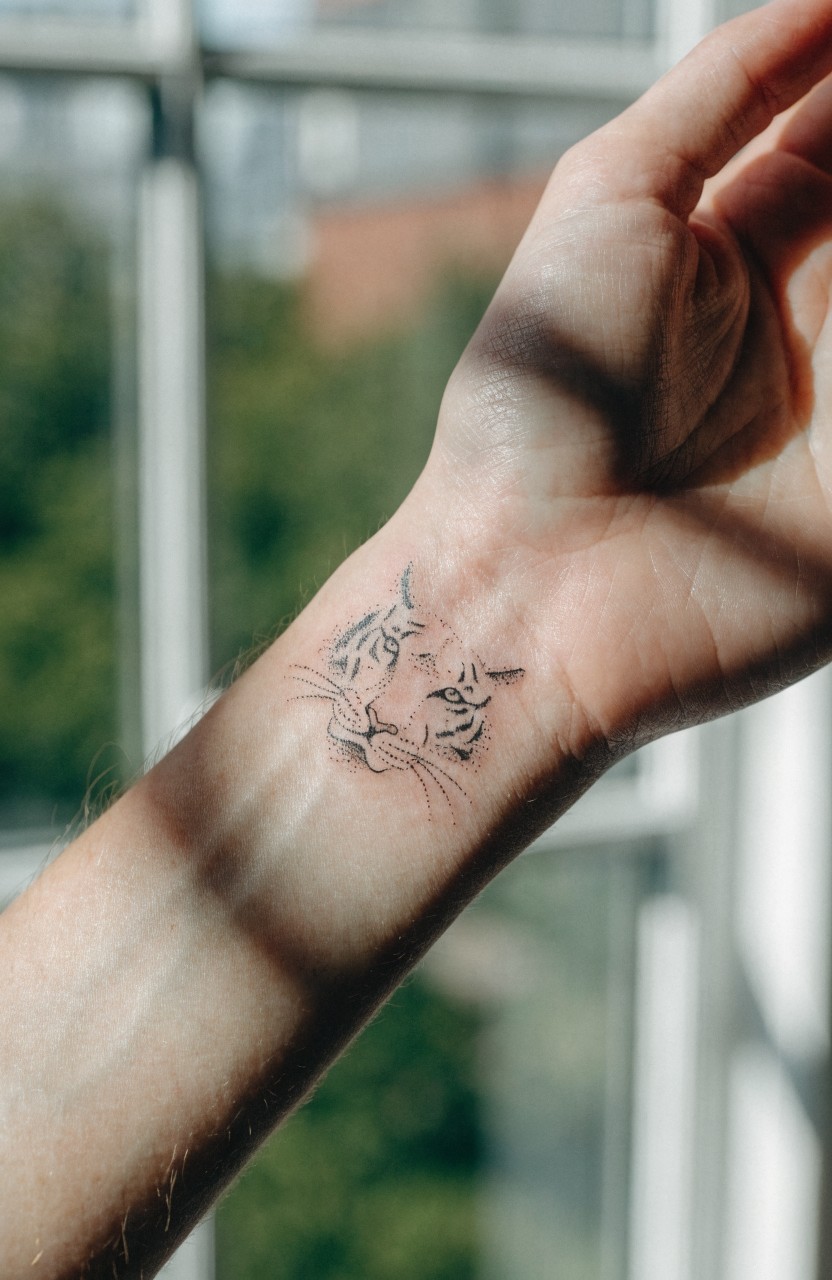 Fine line black ink tiger face tattoo on inner wrist, shown on a hand with subtle shading and natural window light