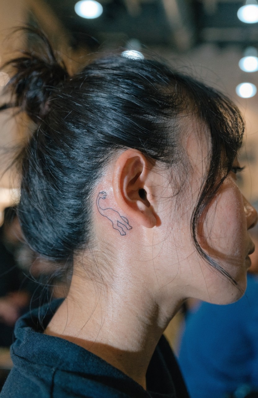 Minimalist line art tattoo of a cat silhouette placed behind a woman's ear on her neck, hair in a bun